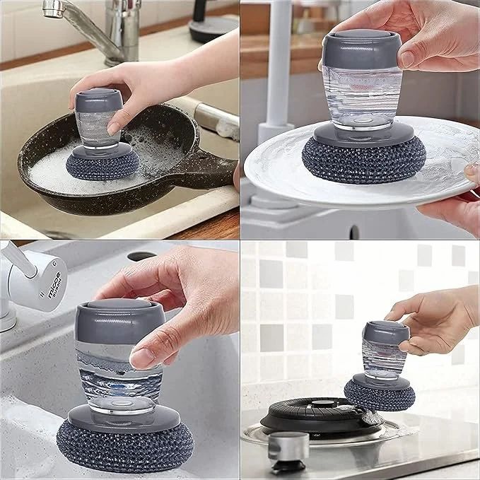 Palm Grip Dish Scrubber Brush with Built-In Soap Dispenser | Refillable Kitchen Cleaning Brush for Pots, Pans & Dishes