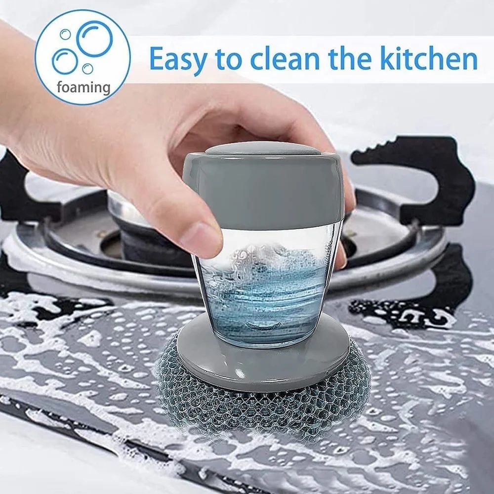 Palm Grip Dish Scrubber Brush with Built-In Soap Dispenser | Refillable Kitchen Cleaning Brush for Pots, Pans & Dishes