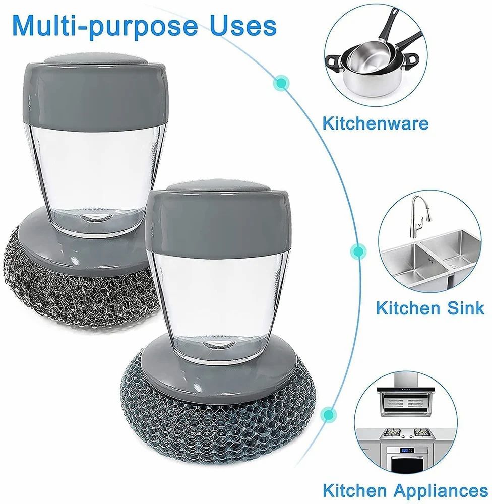 Palm Grip Dish Scrubber Brush with Built-In Soap Dispenser | Refillable Kitchen Cleaning Brush for Pots, Pans & Dishes
