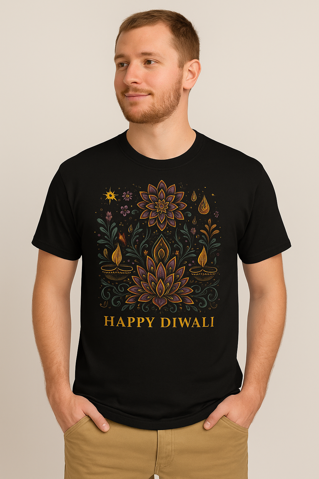 Glow with Joy – Limited Edition Happy Diwali T-Shirt | Festive Lotus & Diya Art Print | Unisex Classic Crew T-Shirt
