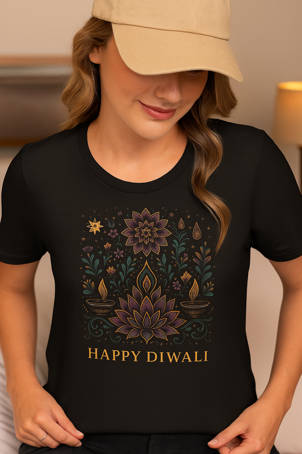 Glow with Joy – Limited Edition Happy Diwali T-Shirt | Festive Lotus & Diya Art Print | Unisex Classic Crew T-Shirt